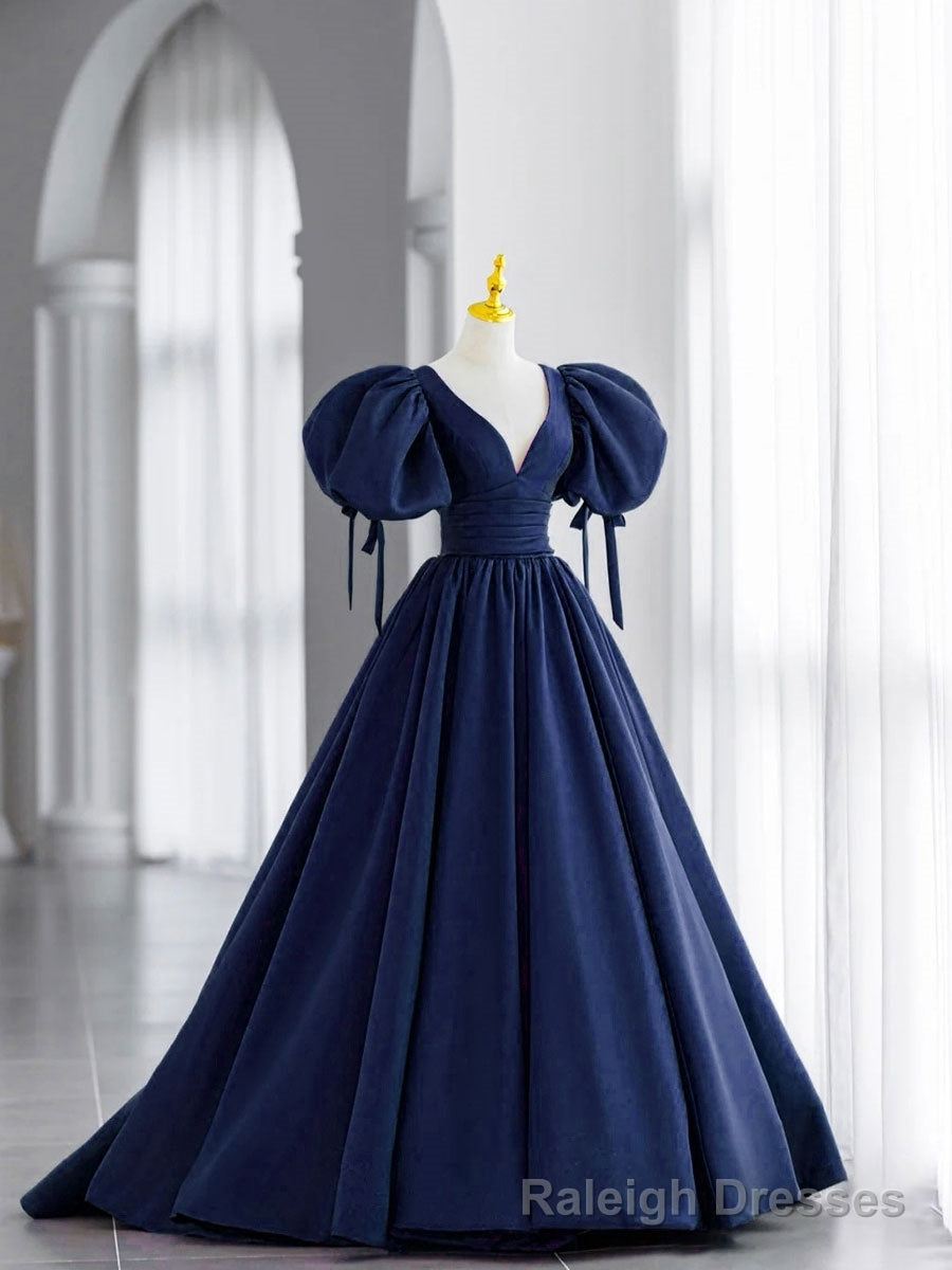 Simple V Neck Puffy Sleeves Satin Long Prom Dress, Satin Prom Dress