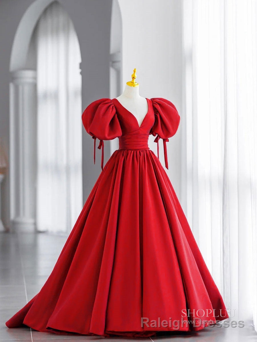 Simple V Neck Puffy Sleeves Satin Long Prom Dress, Satin Prom Dress