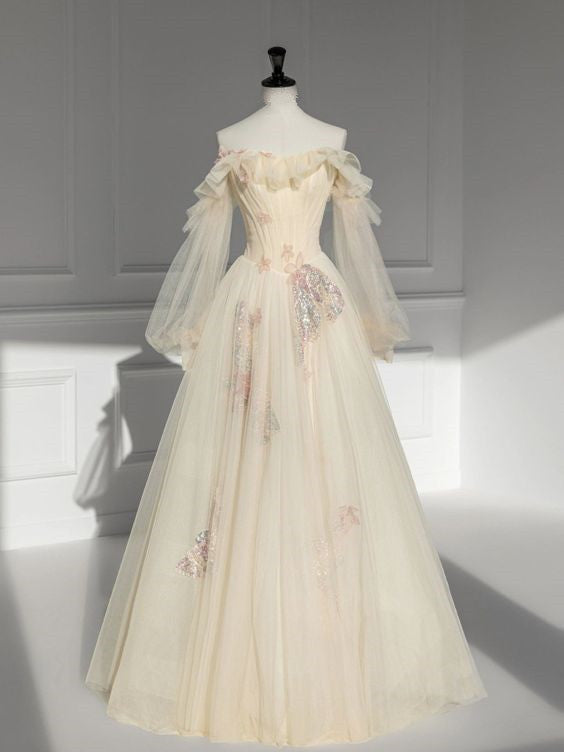 Champagne Off-The-Shoulder Gown Dress Long Sleeve Prom Dress Evening Dress Main image