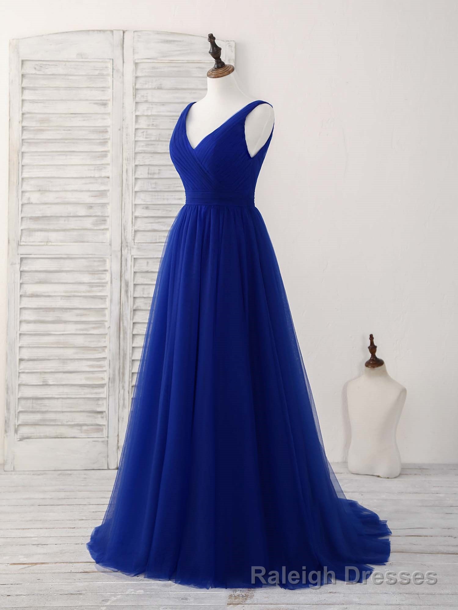 Simple V Neck Royal Blue Tulle Long Prom Dress Blue Prom Dress