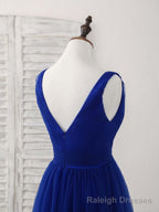 Simple V Neck Royal Blue Tulle Long Prom Dress Blue Prom Dress