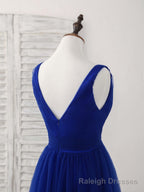 Simple V Neck Royal Blue Tulle Long Prom Dress Blue Evening Dress