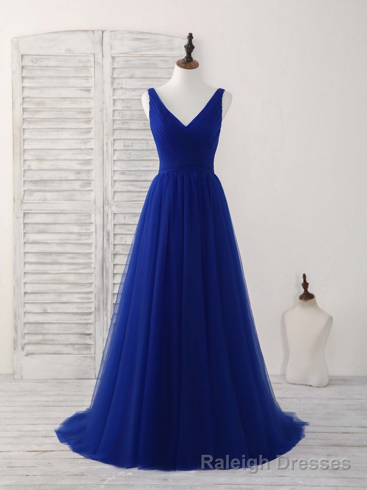 Simple V Neck Royal Blue Tulle Long Prom Dress Blue Evening Dress Main image