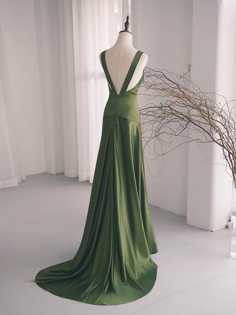 Simple V Neck Satin Green Long Formal Prom Dress, Green Long Formal Dress Secondary image