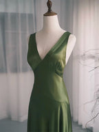Simple V Neck Satin Green Long Formal Prom Dress, Green Long Formal Dress