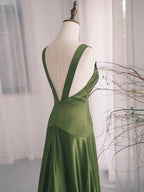 Simple V Neck Satin Green Long Formal Prom Dress, Green Long Formal Dress