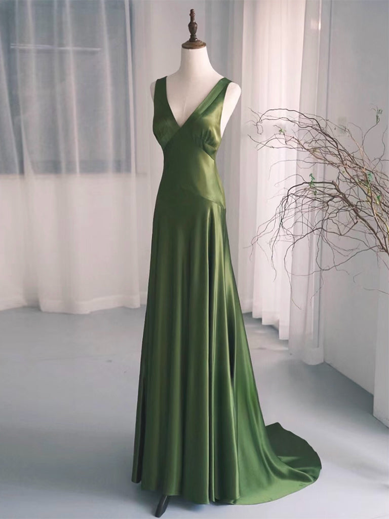 Simple V Neck Satin Green Long Formal Prom Dress, Green Long Formal Dress Main image