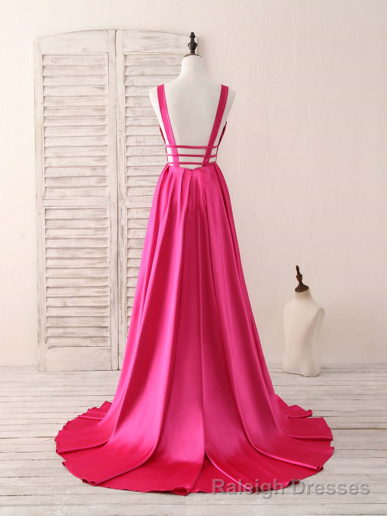 Simple V Neck Satin Long Prom Dress Backless Evening Dress