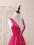 Simple V Neck Satin Long Prom Dress Backless Evening Dress