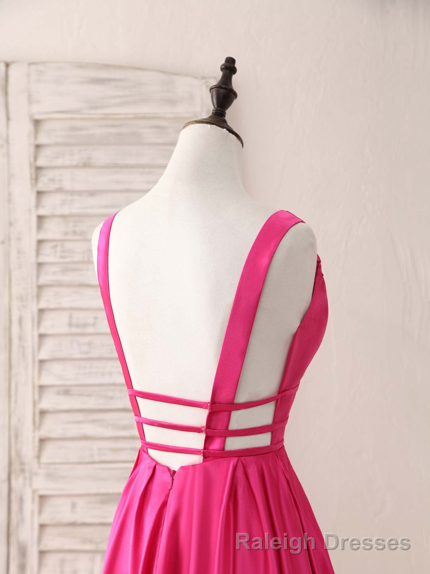 Simple V Neck Satin Long Prom Dress Backless Evening Dress