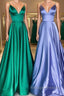 Simple v neck satin Prom Dresses Long satin Prom Dresses
