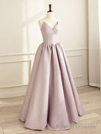 Simple V Neck Satin Pink Long Prom Dress, Satin Formal Prom Dress