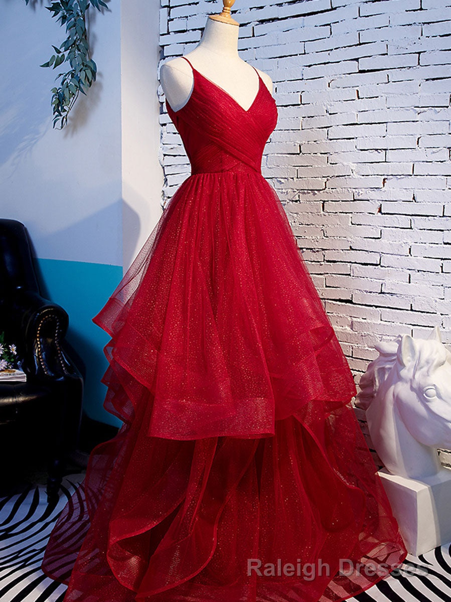 Simple V Neck Tulle Burgundy Long Prom Dress, Burgundy Formal Graduation Dresses Main image