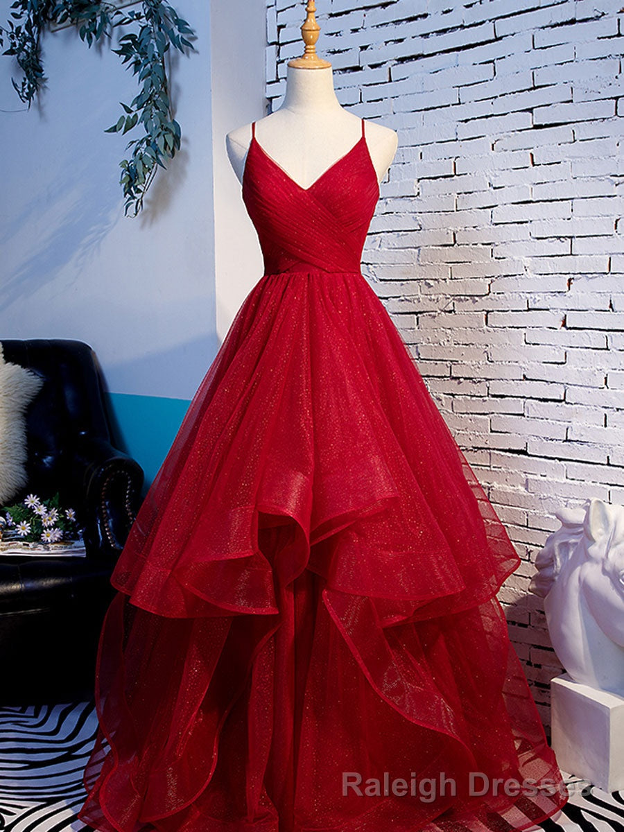 Simple V Neck Tulle Burgundy Long Prom Dress, Burgundy Formal Graduation Dresses Secondary image