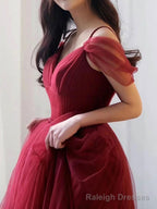 Simple V neck Tulle Burgundy Long Prom Dress, Burgundy Tulle Formal Dresses