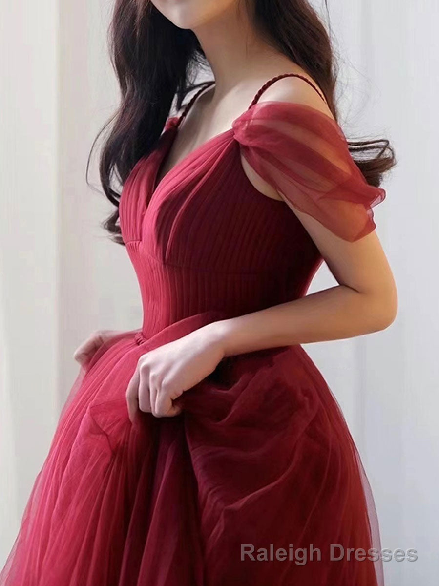 Simple V neck Tulle Burgundy Long Prom Dress, Burgundy Tulle Formal Dresses