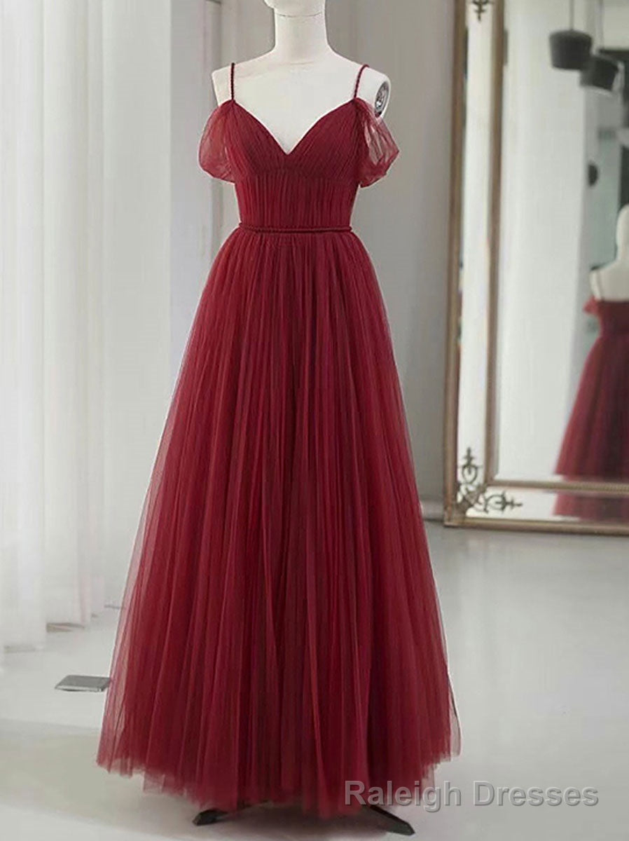 Simple V neck Tulle Burgundy Long Prom Dress, Burgundy Tulle Formal Dresses Main image