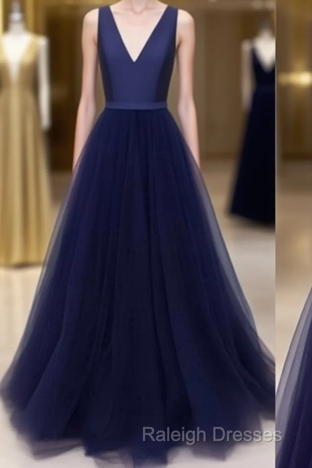 Simple V Neck Tulle Long Prom Dresses Dark Blue Prom Dresses