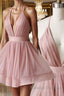 Simple v neck tulle pink short prom dress pink bridesmaid dress