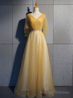Simple V Neck Tulle Sequin Long Prom Dress, A line Tulle Prom Dresses