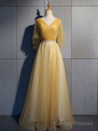 Simple V Neck Tulle Sequin Long Prom Dress, A line Tulle Evening Dresses