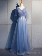Simple V Neck Tulle Sequin Long Prom Dress, A line Tulle Evening Dresses