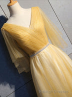 Simple V Neck Tulle Sequin Long Prom Dress, A line Tulle Prom Dresses