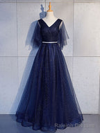 Simple V Neck Tulle Sequin Long Prom Dress, A line Tulle Prom Dresses
