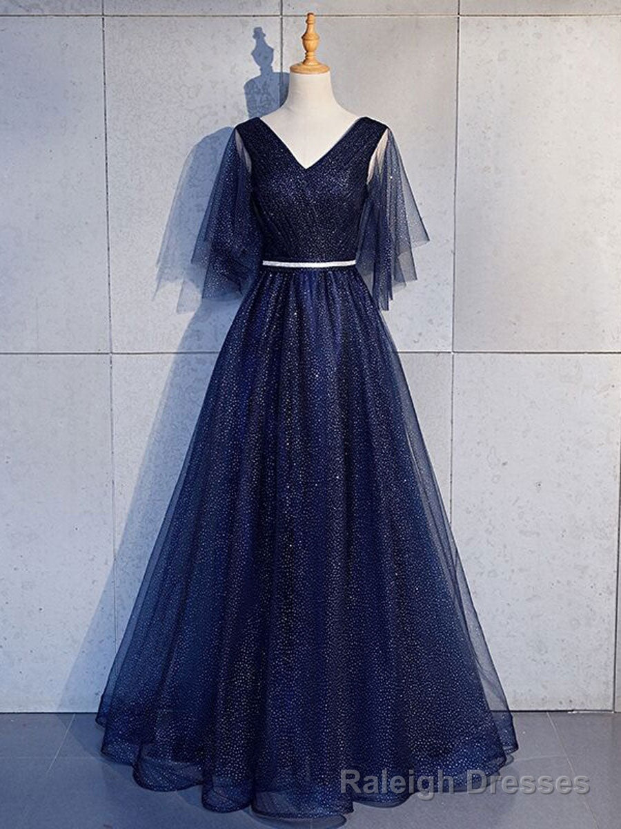 Simple V Neck Tulle Sequin Long Prom Dress, A line Tulle Prom Dresses
