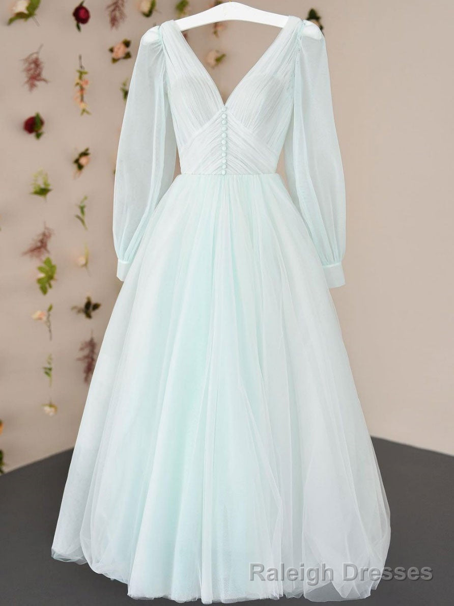 Simple v neck tulle tea length prom dress, tulle formal dress Main image