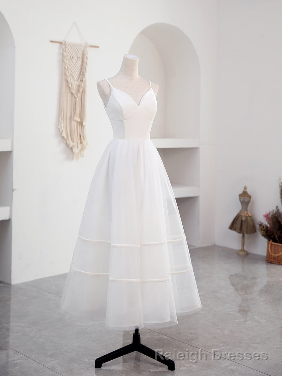 Simple V Neck Tulle Tea Length White Prom Dress, White Bridesmaid Dress Main image