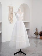 Simple V Neck Tulle Tea Length White Prom Dress, White Bridesmaid Dress