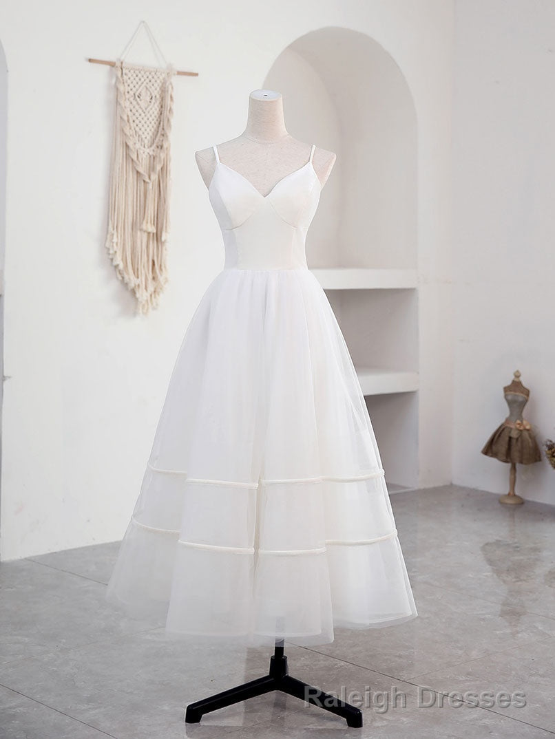 Simple V Neck Tulle Tea Length White Prom Dress, White Bridesmaid Dress