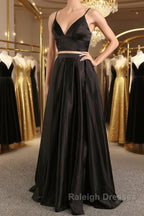 Simple V Neck Two Pieces Black Prom Dresses, 2 Pieces Black Long Formal Dresses, Black Evening Dresses
