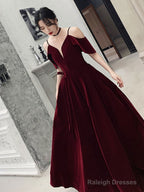 Simple V Neck Velvet Long Prom Dress, Burgundy Formal Evening Dress