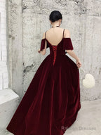 Simple V Neck Velvet Long Prom Dress, Burgundy Formal Evening Dress