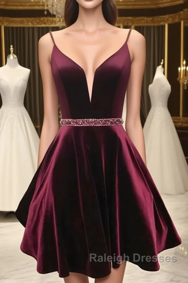 Simple v neck velvet short burgundy prom Dresses burgundy homecoming Dresses