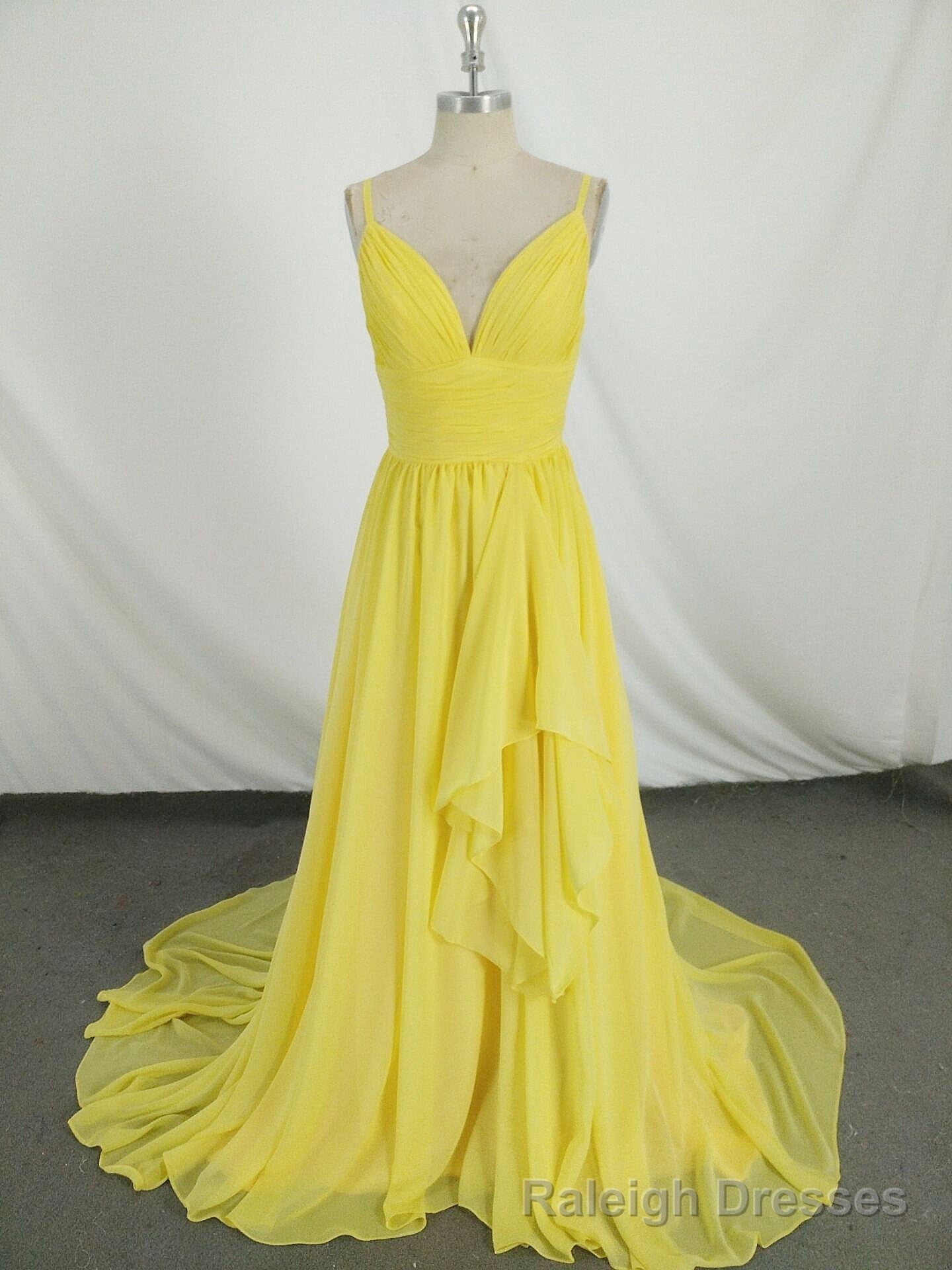 Simple V Neck Yellow Chiffon Long Prom Dress, Yellow Evening Dress