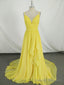 Simple V Neck Yellow Chiffon Long Prom Dress, Yellow Evening Dress