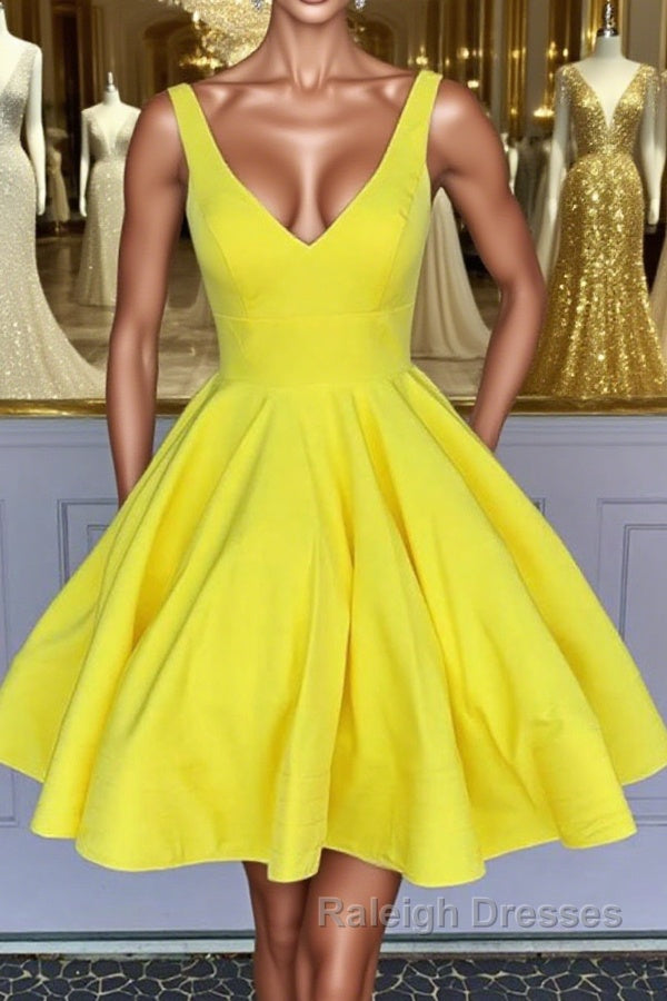 Simple V Neck Yellow Short Prom Dress, V Neck Yellow Homecoming Dress, Yellow Graduation Formal Evening Dress
