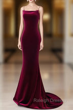 Simple Velvet Mermaid Burgundy Long Prom Dress, Burgundy Long Formal Dress