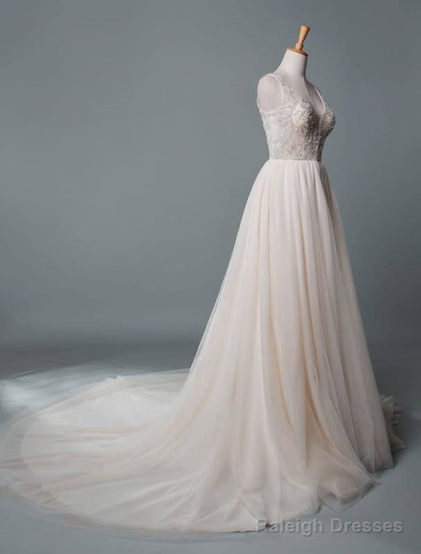 Simple Wedding Dresses A-Line V Neck Sleeveless Applique Beaded Floor Length Bridal Dress Secondary image
