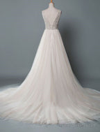 Simple Wedding Dresses A-Line V Neck Sleeveless Applique Beaded Floor Length Bridal Dress