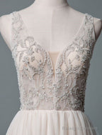 Simple Wedding Dresses A-Line V Neck Sleeveless Applique Beaded Floor Length Bridal Dress