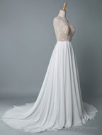 Simple Wedding Dress A Line V Neck Sleeveless Embroidered Chiffon Bridal Dresses With Train