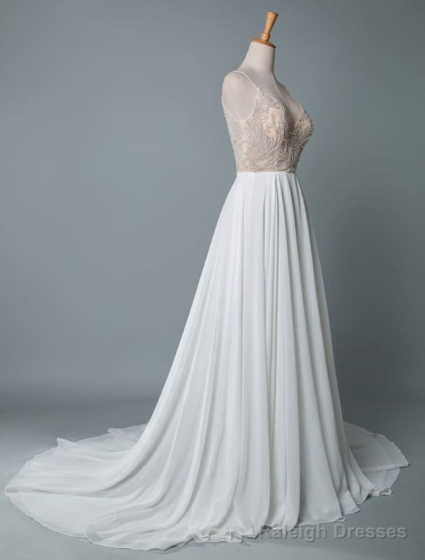 Simple Wedding Dresses A-Line V Neck Sleeveless Embroidered Chiffon Bridal Dress With Train