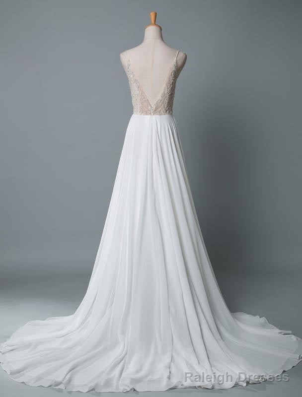 Simple Wedding Dresses A-Line V Neck Sleeveless Embroidered Chiffon Bridal Dress With Train