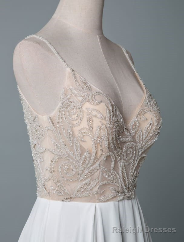 Simple Wedding Dress A Line V Neck Sleeveless Embroidered Chiffon Bridal Dresses With Train