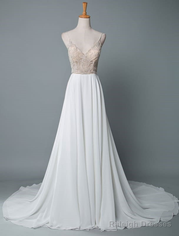 Simple Wedding Dress A Line V Neck Sleeveless Embroidered Chiffon Bridal Dresses With Train Main image