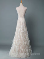 Simple Wedding Dress Lace A Line V Neck Sleeveless Beaded Floor Length Feather Bridal Gown